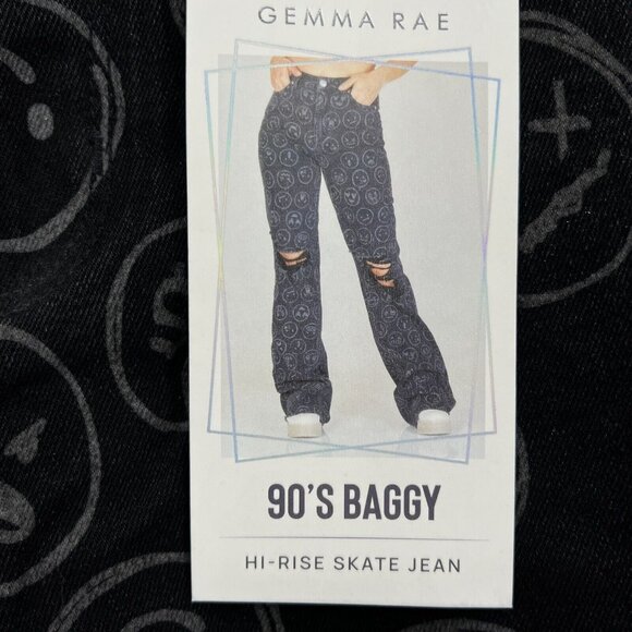 Gemma Rae Jeans Black Emoji Print Wide Leg Distressed Skater Baggy Size 15/32 - Picture 9 of 14